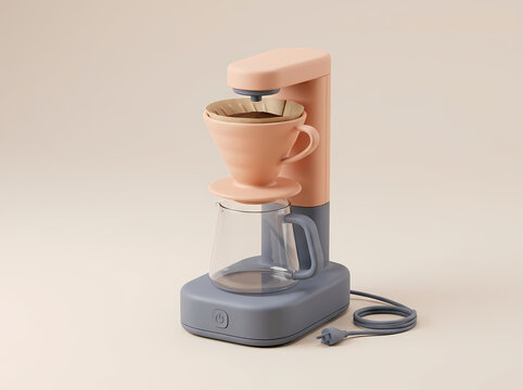 Modern minimalist coffee maker with a glass carafe and ceramic dripper on a neutral background.