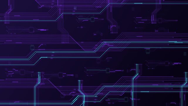 Futuristic dark digital background with glowing purple circuit board lines and data connection patterns