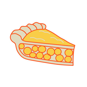 Slice of pumpkin pie vector illustration, delicious autumn dessert icon for Thanksgiving dinner, bakery menu, cafe decor, sticker pack, and recipe printing isolated