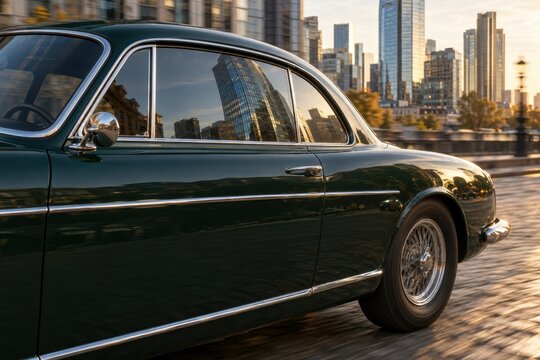Vintage Green Car Reflecting a Modern Skyscraper in Its Side Window