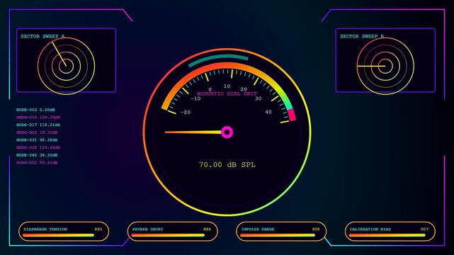 A digital decibel meter interface displays fluctuating acoustic levels across three screens with shifting radar circles and neon gauges pulsing in a dark laboratory computing environment
