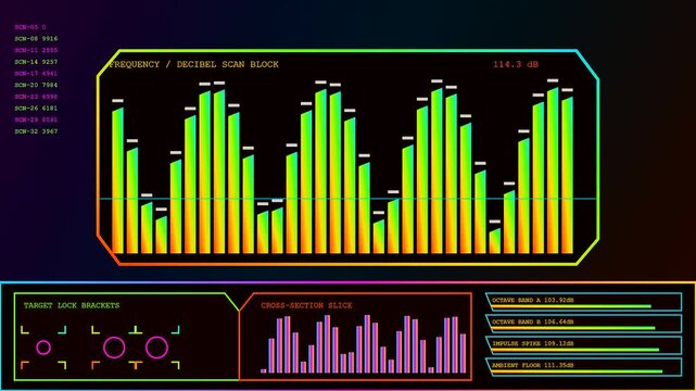 Digital decibel meter interface displaying oscillating sound wave amplitude patterns inside a dark virtual environment with neon colored bars showing rhythmic audio fluctuations across three panels