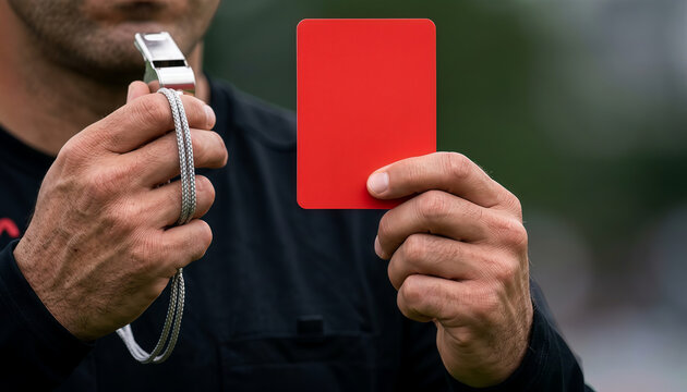 A sports referee holding a red card and whistle during game
