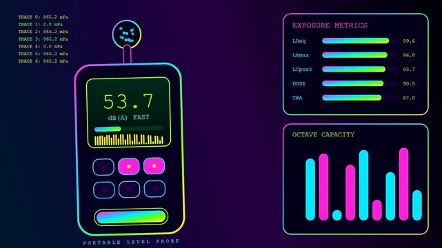 A digital decibel meter interface displays fluctuating audio measurements on dark screen panels featuring glowing neon charts and graphical numerical data in a continuous cycling animation