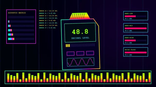 A digital decibel meter display shows fluctuating sound levels across three distinct graphical user interface panels featuring vibrant neon charts and moving frequency wave light patterns