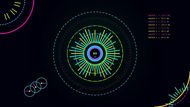 A digital decibel meter visualization features pulsating concentric circles and glowing radial frequency lines that animate across the black interface in this smooth motion graphic display