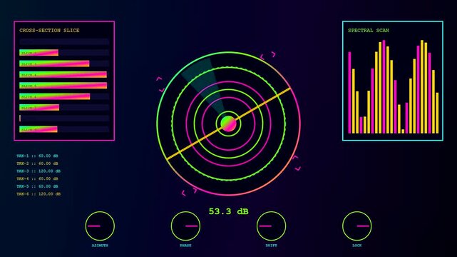 A digital decibel meter display shows neon waveform signals and circular radar grids inside a virtual laboratory environment with shifting charts and glowing interface panels