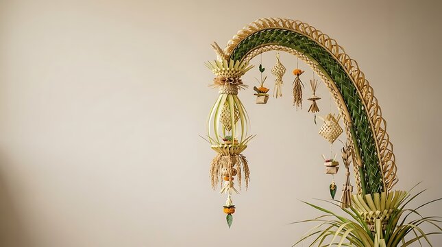 Traditional Balinese Penjor Decorated with Young Coconut Leaves for Galungan Day Hindu Ceremony