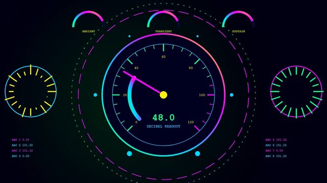 a colorful decibel meter interface displays data analytics on a dark digital monitor screen showcasing neon circular gauges and vibrating sound metrics for audio visual software