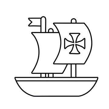 Christopher Columbus ship line art vector illustration, Santa Maria caravel sailing ship outline icon with cross sail for kids coloring page, Columbus Day worksheet, activity book, and educational 