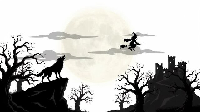 Spooky Halloween vector animation video of a witch flying on a broomstick, a howling wolf on a cliff, dead trees, and a gothic castle under a full moon.   