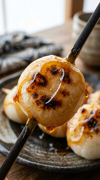 Close up of delicious grilled Japanese dango rice dumplings with sweet soy glaze on a wooden skewer.