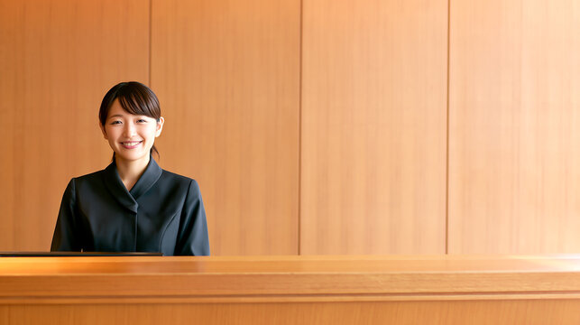 ホテルのフロント 受付で迎える日本人女性スタッフ

