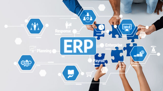 Professionals collaborating on puzzle pieces to symbolize ERP solutions, emphasizing teamwork and strategic planning in a vibrant office setting. Amity