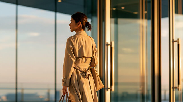 時短勤務 夕方にオフィスを出る日本人女性 後ろ姿 育休復帰

