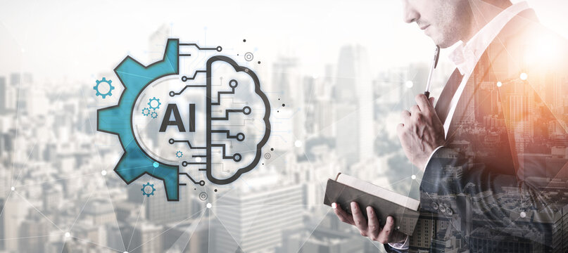 Concept of Artificial Intelligence combining industrial automation with cognitive technology. A machine learning brain processes information to optimize mechanical systems and workflows. Fermion