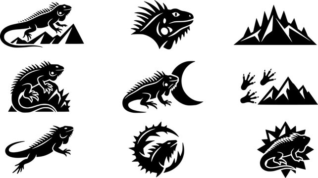 Iguana & Spiky Ridge Silhouette Icon Set. Collection of nature & wildlife silhouettes, including iguana & spiky ridge, detailed reptile and amphibian shapes, and more.
