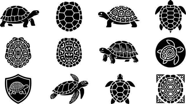 Tortoise & Shell Pattern Silhouette Icon Set. Collection of nature & wildlife silhouettes, including tortoise & shell pattern, detailed reptile and amphibian shapes, and more.