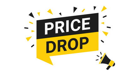 Fototapeta premium Price drop promotion sign with mega phone announcement banner and yellow black color scheme