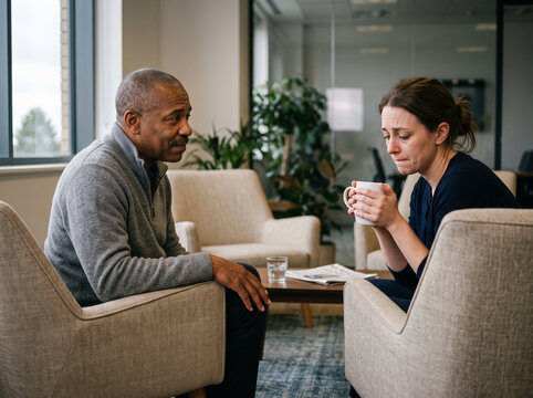 Manager in his 50s asking a team member how she is really doing