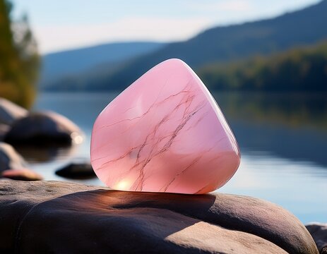 macro photography of polished rose quartz on stones by a serene lake