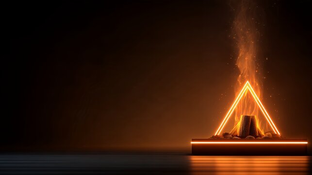 glowing neon triangle framing a warm campfire against a dark background, abstract autumn overlay element for digital design