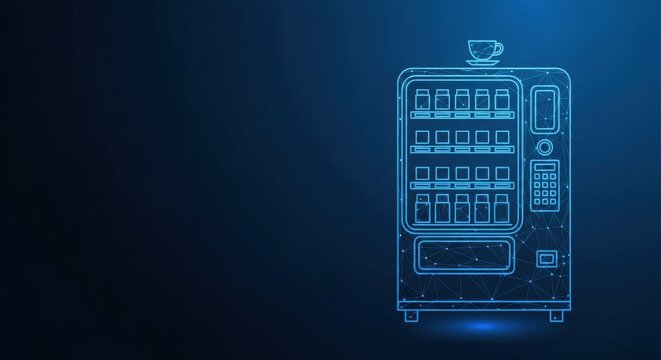Modern beverage vending machine with a cup on top, depicted in a neon blue wireframe outline on a dark abstract background