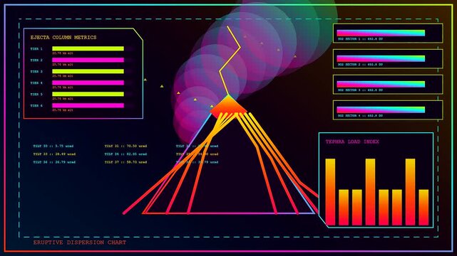 Three screen catastrophe mapping displays show eruptive volcanic activity with glowing particle plumes and numerical data analytics for seismic monitoring in a dark digital command center environment