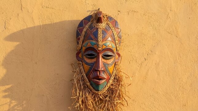Colorful hand-carved African wooden mask with woven raffia beard hanging on textured ochre wall. Traditional tribal craftsmanship close-up. Folk art, culture and ritual heritage concept.
