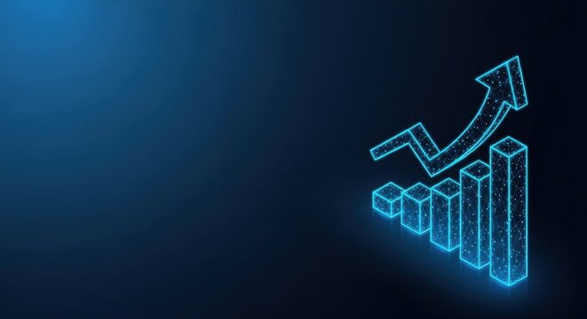 Glowing blue digital bar and line graph representing financial analytics and business growth on a dark background.