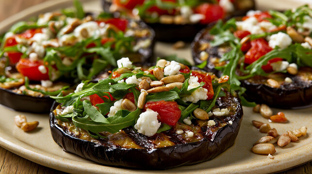 Grilled aubergine rounds topped with fresh tomato, rocket salad, and goat cheese