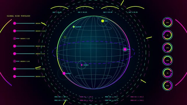 Catastrophe mapping visualization shows digital globe grids with spinning rings and circular interface indicators radiating light across a dark neon purple screen showing global tracking
