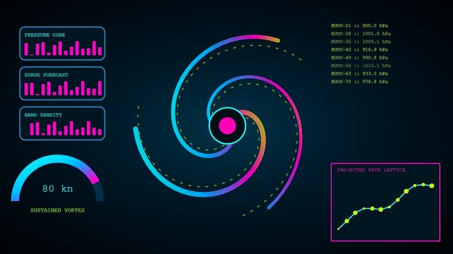 Catastrophe mapping display shows evolving storm trajectories with glowing data interfaces and fluctuating bar graphs on a dark digital monitor screen for atmospheric weather analysis