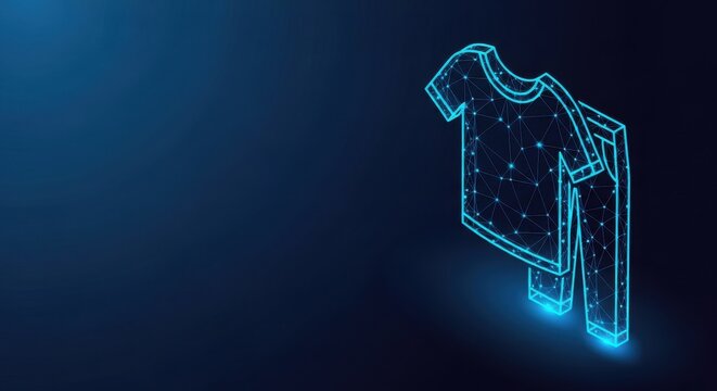 Digital Wireframe T-Shirt Illustration with Glowing Neon Blue Outline on Dark Background