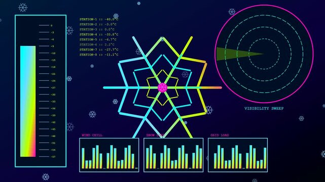 Catastrophe mapping display shows complex climate metrics with geometric snowflake patterns glowing in a dark digital space as various sensor nodes monitor extreme winter weather environmental data