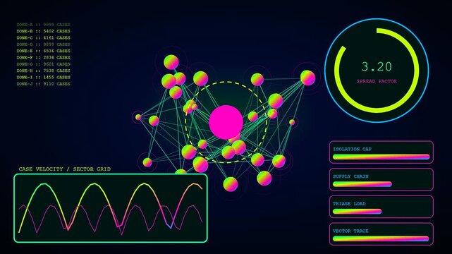 A detailed catastrophe mapping display showing digital nodes and connected glowing lines with fluctuating waveforms and numerical data projections appearing on a dark electronic screen interface