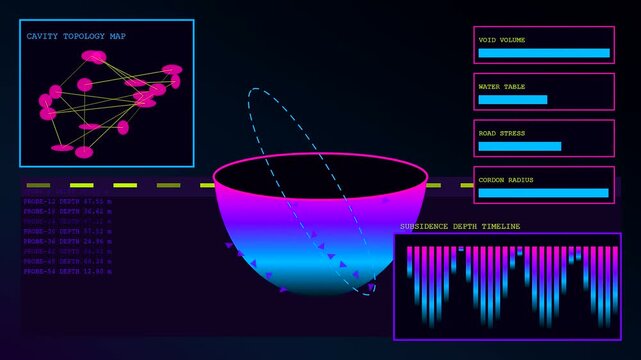 A digital catastrophe mapping interface displays shifting cavity network graphs and sinkhole terrain models with glowing neon charts tracking subsurface structural movement in a dark environment