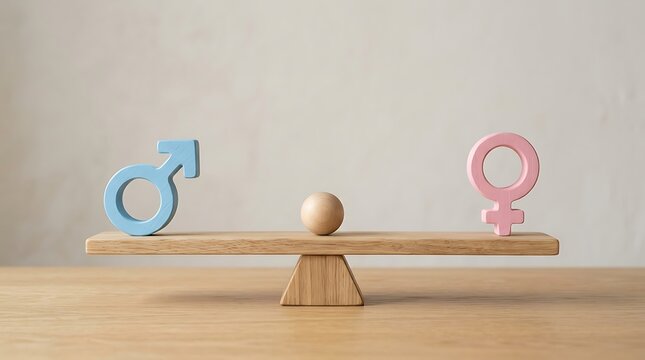 Gender equality concept with blue male and pink female symbols balanced on a wooden seesaw scale