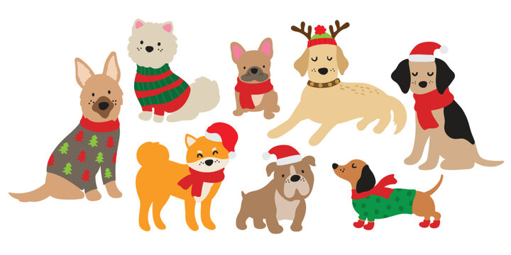 Set of Christmas dog vector illustrations. Hand-drawn collection of different dog breeds wearing Santa hats and holiday sweaters.