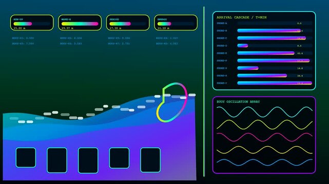 Digital catastrophe mapping displays show wave motion data and ocean level readings on a dark monitor screen with bright neon glowing interface elements in constant flux