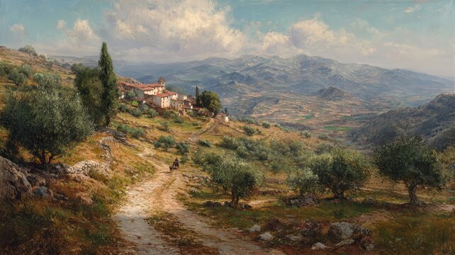 Generative AI painting of a serene Mediterranean village nestled in olive groves. A path leads past traditional houses with distant mountains and a cloudy sky.