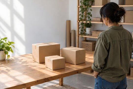 Woman standing beside sealed cardboard parcels in home workspace