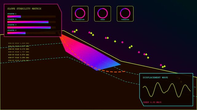 Catastrophe mapping visualization shows digital terrain slope stability metrics with shifting data panels flickering during a continuous scan across three side by side monitoring screen panels
