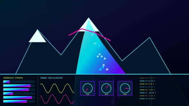 A digital simulation showing catastrophe mapping with geometric mountains and interactive data overlays displaying snowpack strata and wind speed metrics for environmental monitoring