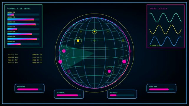 A digital catastrophe mapping interface displays rotating globes with glowing circular markers and pulsing waves on a dark screen representing evolving global risk trends for analysts