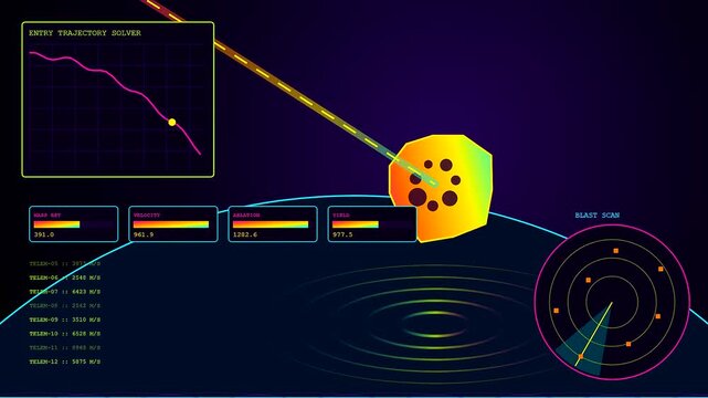 Catastrophe mapping is displayed across these digital interfaces showing atmospheric entry vectors and heat shield degradation for a descending orbital object within a dark virtual environment