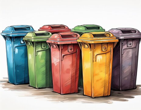 hand drawn colorful trash cans for home organization isolated on white