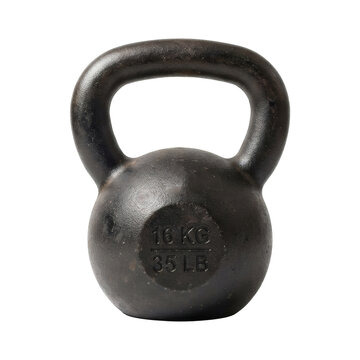 Heavy black cast iron kettlebell weighing sixteen kilograms thirty five pounds used for strength training physical fitness workouts muscle building and home gym exercises.