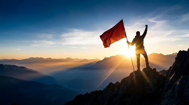 Hiker Holding Red Flag on Mountain Peak at Sunrise, Achievement and Success Concept, Silhouette Photography, Inspirational Outdoor Adventure Background