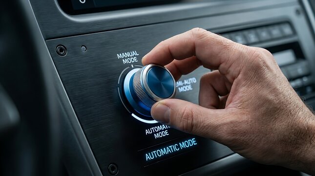 Hand Adjusting Rotary Knob on Modern Vehicle Dashboard Interface for Selecting Automatic or Manual Driving Modes